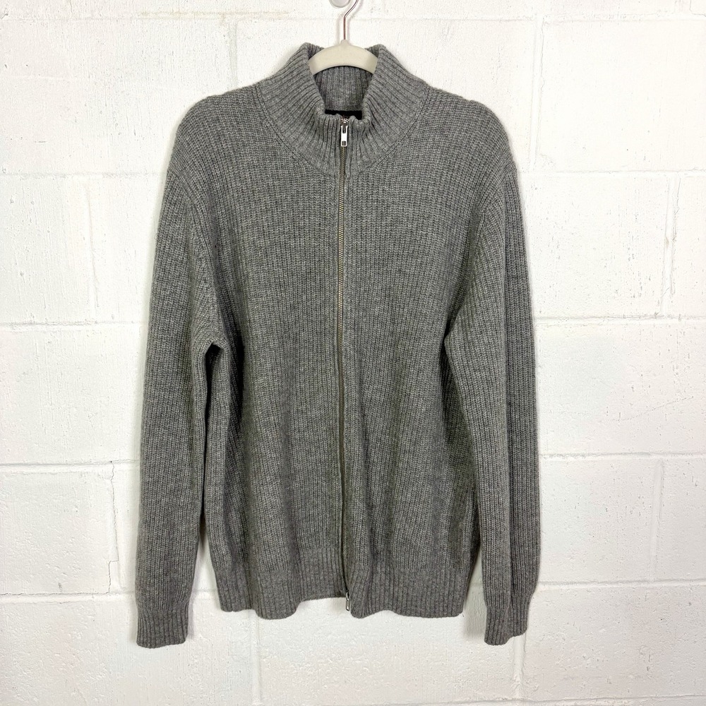 Quince Men's Mongolian Cashmere Fisherman Full Zip Sweater SZ L Gray Old Money